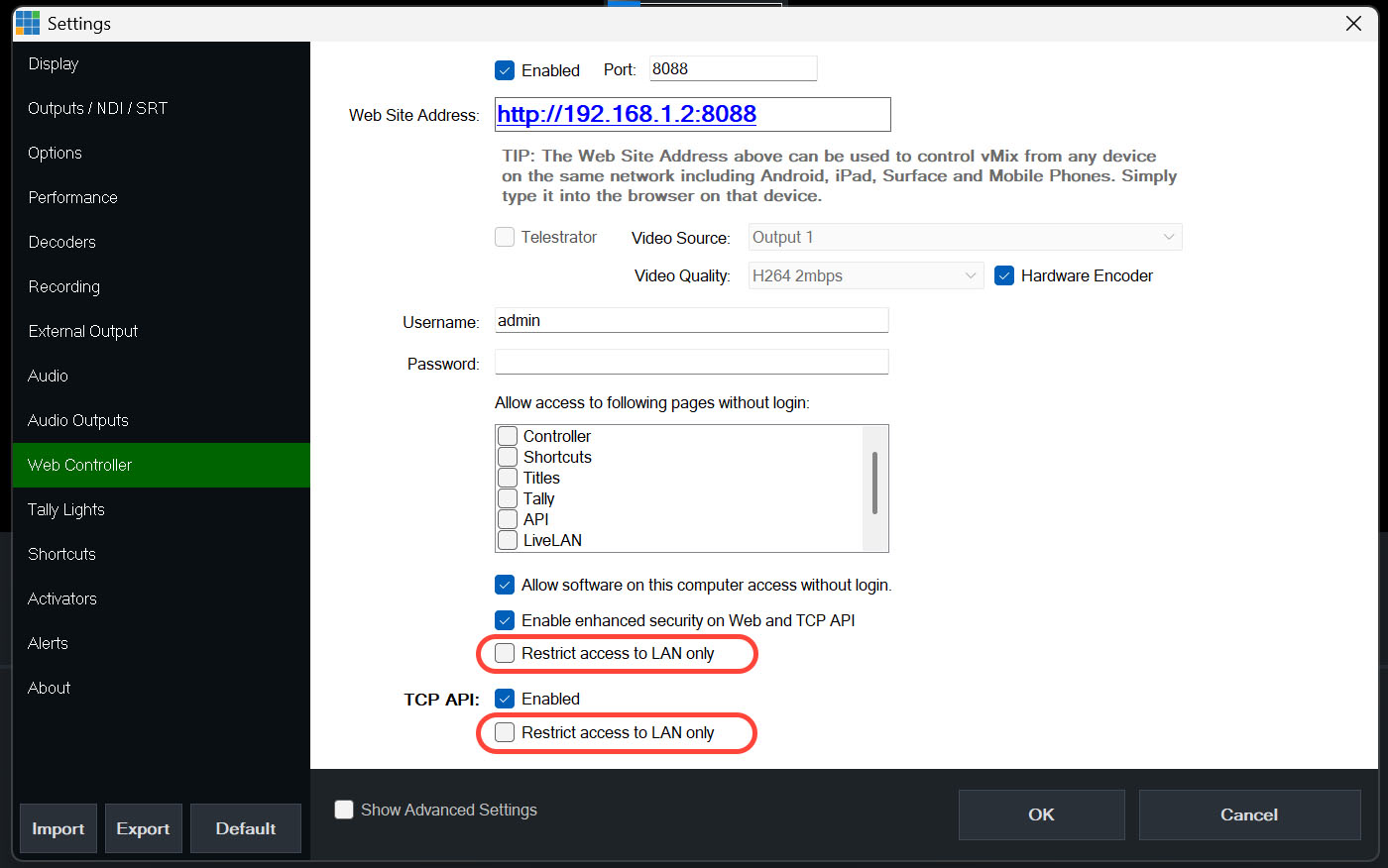 vMix LAN restriction settings